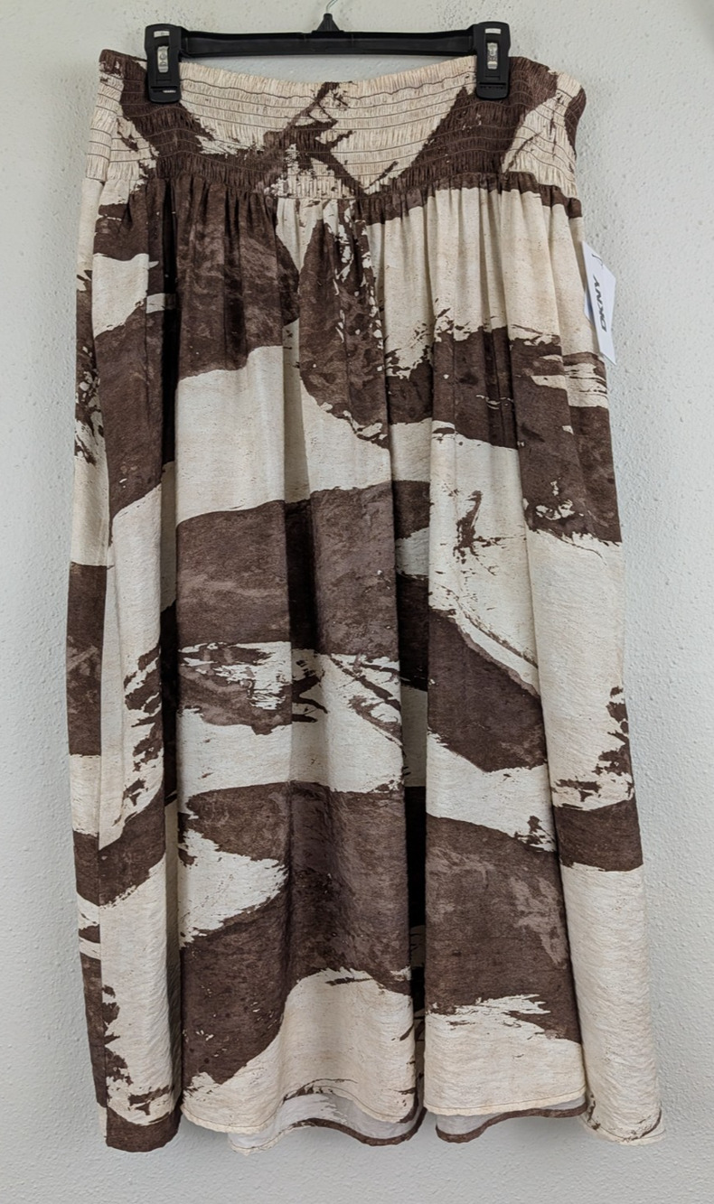 DKNY sz XL Maxi Skirt smocked waist coconut brown colorful print 4731